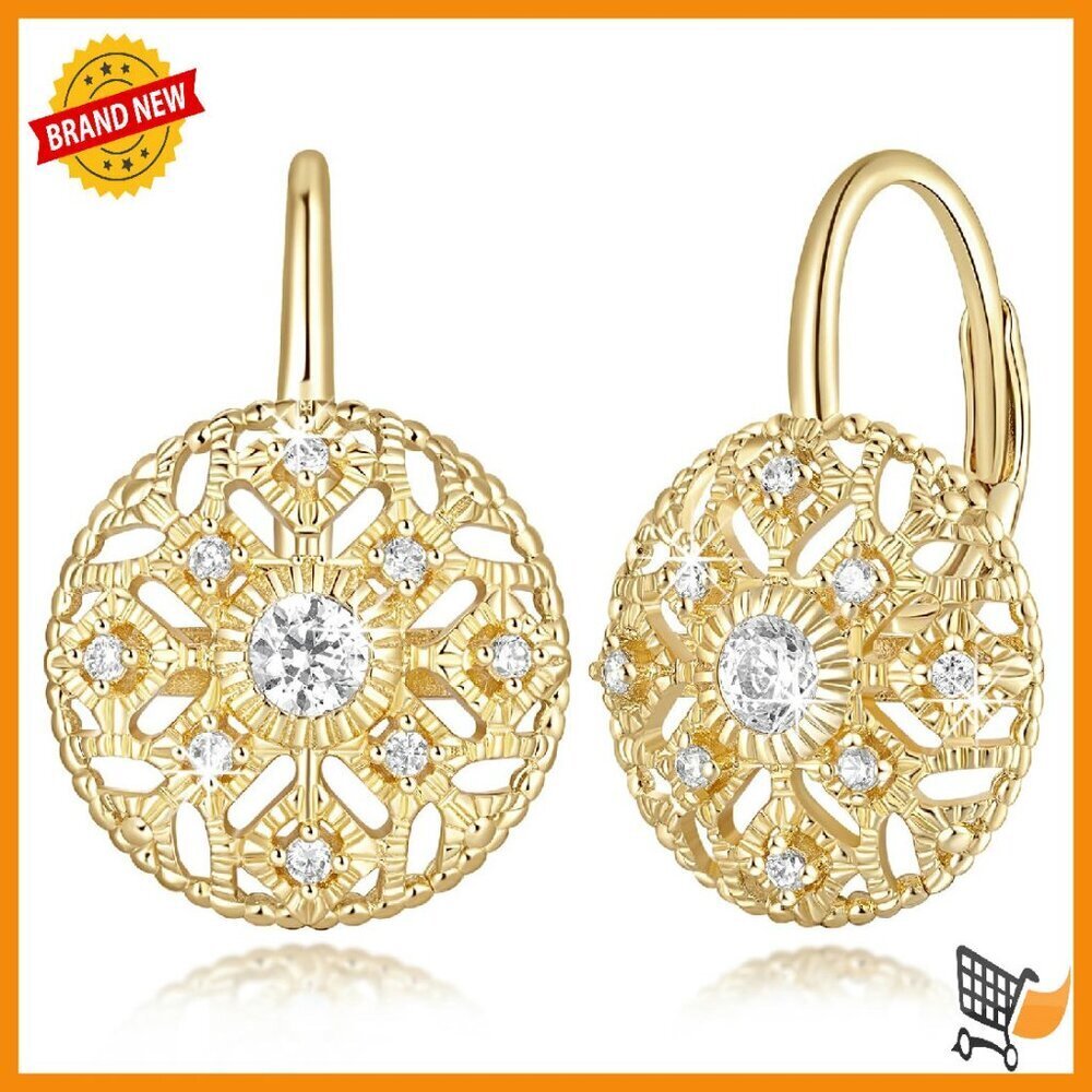 14K Gold Plated Leverback Dangle Earrings with Cubic Zirconia